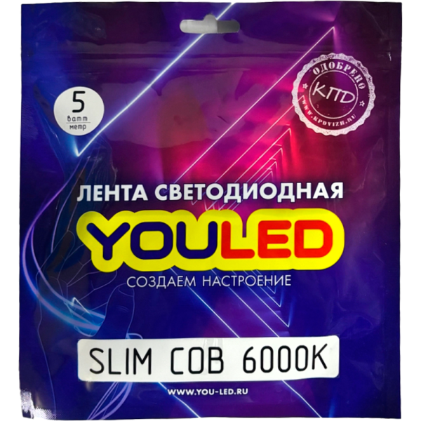 Лента светодиодная YouLed SLIM COB 5w 6000K 384/м 5мм